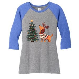 Cute Dachshund Decorate Christmas Tree Merry Xmas Dog Lover Gift Women's Tri-Blend 3/4-Sleeve Raglan Shirt