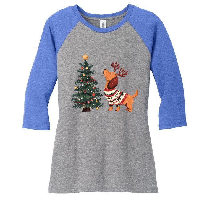 Cute Dachshund Decorate Christmas Tree Merry Xmas Dog Lover Gift Women's Tri-Blend 3/4-Sleeve Raglan Shirt