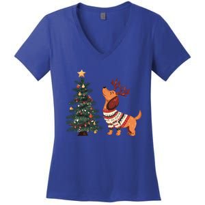 Cute Dachshund Decorate Christmas Tree Merry Xmas Dog Lover Gift Women's V-Neck T-Shirt