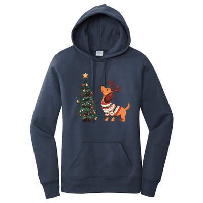 Cute Dachshund Decorate Christmas Tree Merry Xmas Dog Lover Gift Women's Pullover Hoodie