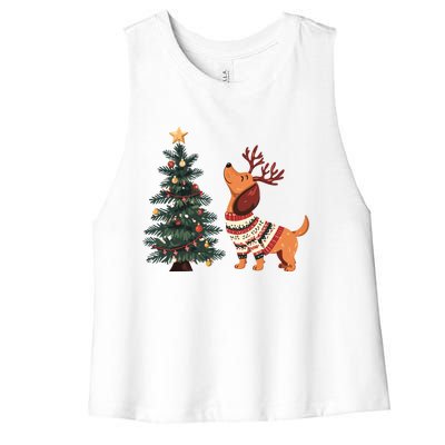 Cute Dachshund Decorate Christmas Tree Merry Xmas Dog Lover Gift Women's Racerback Cropped Tank