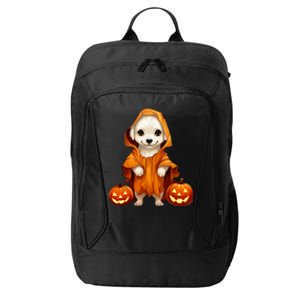 Cute Dog Dressed As Ghost Halloween Funny Boo Dog Pumpkin City Backpack