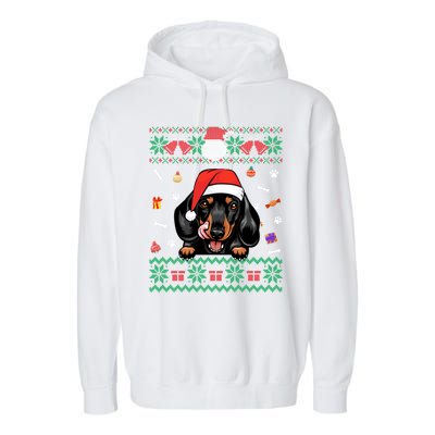 Cute Dachshund Dog Ugly Christmas Santa Hat Xmas Funny Gift Garment-Dyed Fleece Hoodie