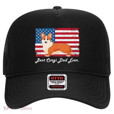 Corgi Dog Dad Ever American Flag Dog Lover Gift High Crown Mesh Back Trucker Hat
