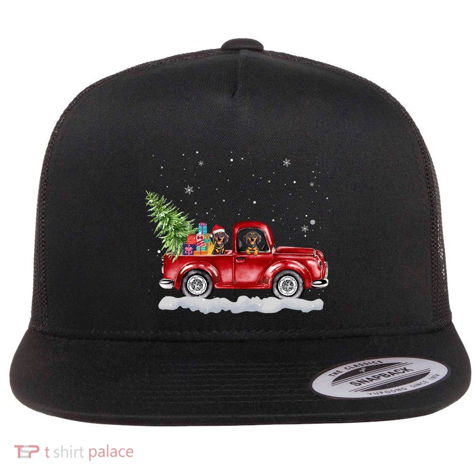 Christmas Dachshund Dogs Ride Red Truck Costumer Flatbill Hat