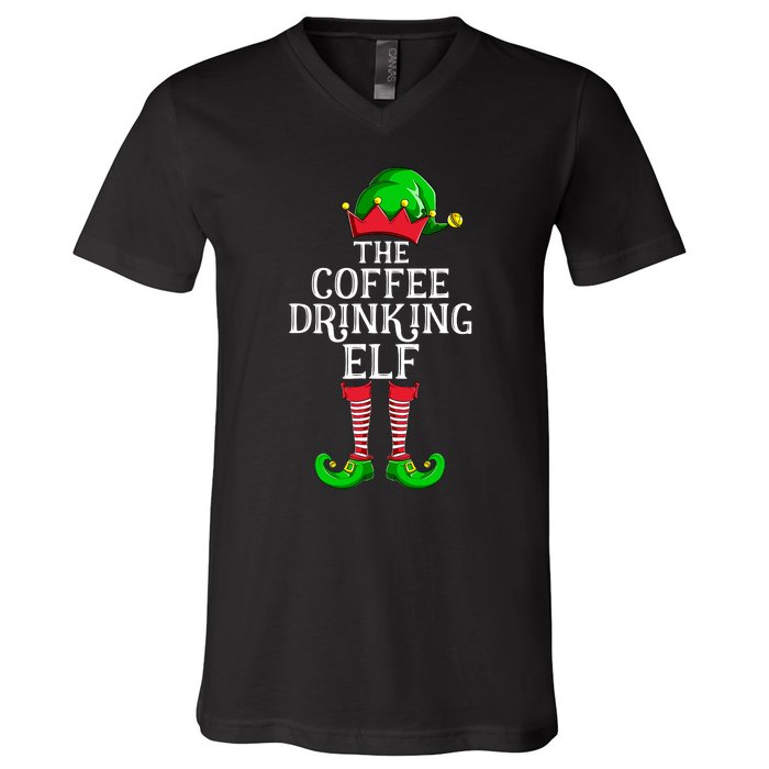 Coffee Drinking Elf Family Matching Group Christmas V-Neck T-Shirt