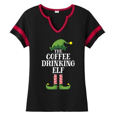 Coffee Drinking Elf Matching Family Group Christmas Party Ladies Halftime Notch Neck Tee