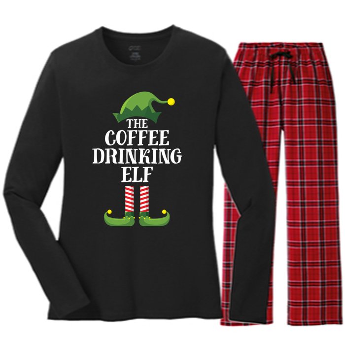 Coffee Drinking Elf Matching Family Group Christmas Party Women's Long Sleeve Flannel Pajama Set 