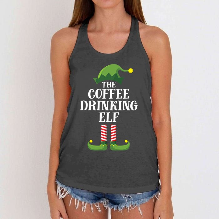 Coffee Drinking Elf Matching Family Group Christmas Party Women's Knotted Racerback Tank