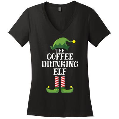 Coffee Drinking Elf Matching Family Group Christmas Party Women's V-Neck T-Shirt