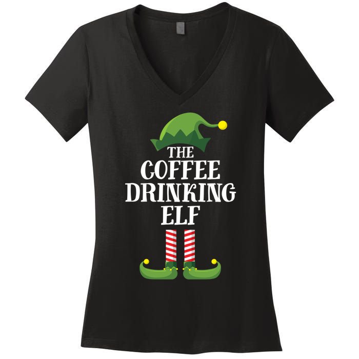 Coffee Drinking Elf Matching Family Group Christmas Party Women's V-Neck T-Shirt