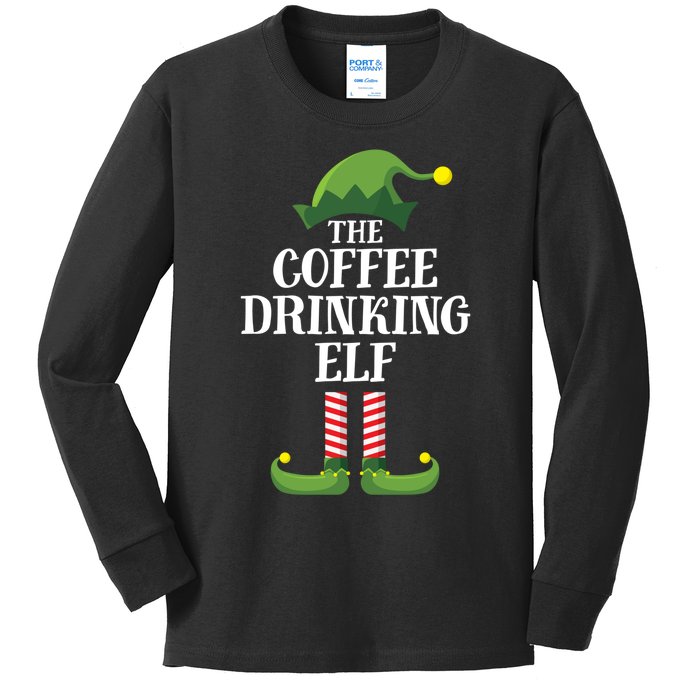 Coffee Drinking Elf Matching Family Group Christmas Party Kids Long Sleeve Shirt