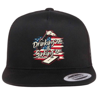Cornhole Drinking Em Sinking Em 4th Of July Flat Bill Trucker Hat