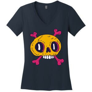 Creepy Dead Eye Skull Crossbones Women's V-Neck T-Shirt