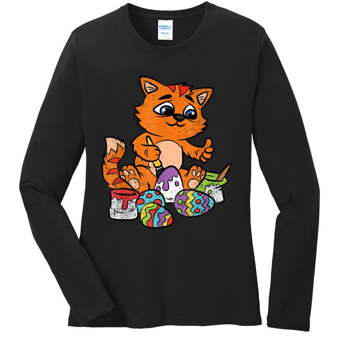 Cat Dyeing Easter Egg Hunting Cute Kitty Kitten Lover Ladies Long Sleeve Shirt