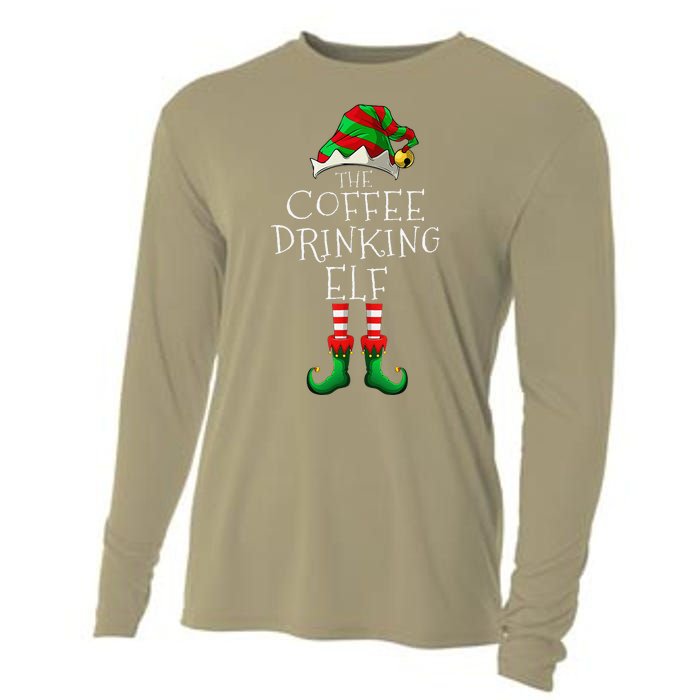 Coffee Drinking Elf Matching Family Group Christmas Party PJ Cooling Performance Long Sleeve Crew