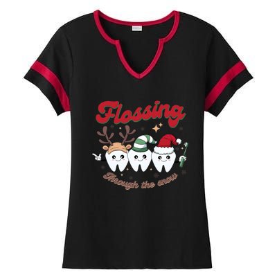 Christmas Dentist Flossing Through The Snow Dental Santa Claus Reindeer Ladies Halftime Notch Neck Tee