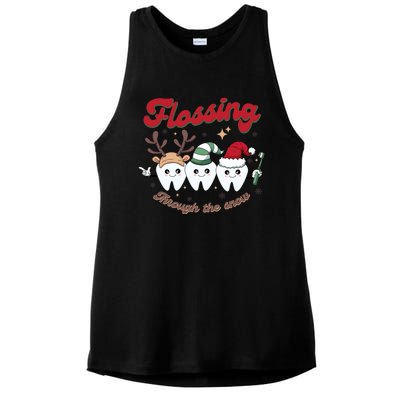 Christmas Dentist Flossing Through The Snow Dental Santa Claus Reindeer Ladies PosiCharge Tri-Blend Wicking Tank