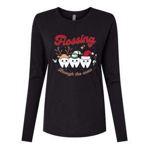 Christmas Dentist Flossing Through The Snow Dental Santa Claus Reindeer Womens Cotton Relaxed Long Sleeve T-Shirt