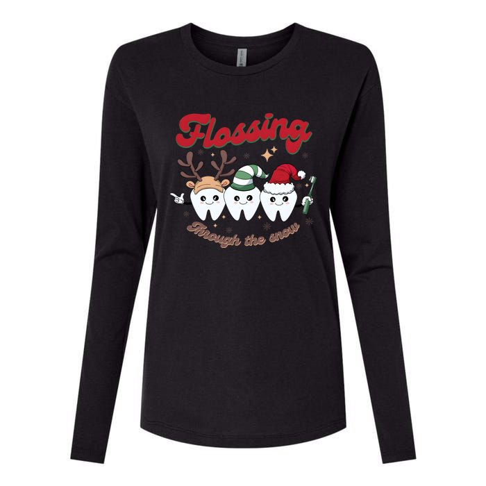 Christmas Dentist Flossing Through The Snow Dental Santa Claus Reindeer Womens Cotton Relaxed Long Sleeve T-Shirt