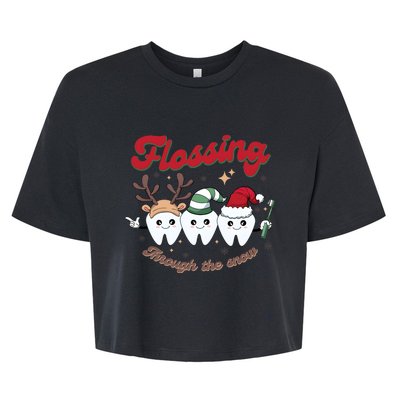 Christmas Dentist Flossing Through The Snow Dental Santa Claus Reindeer Bella+Canvas Jersey Crop Tee