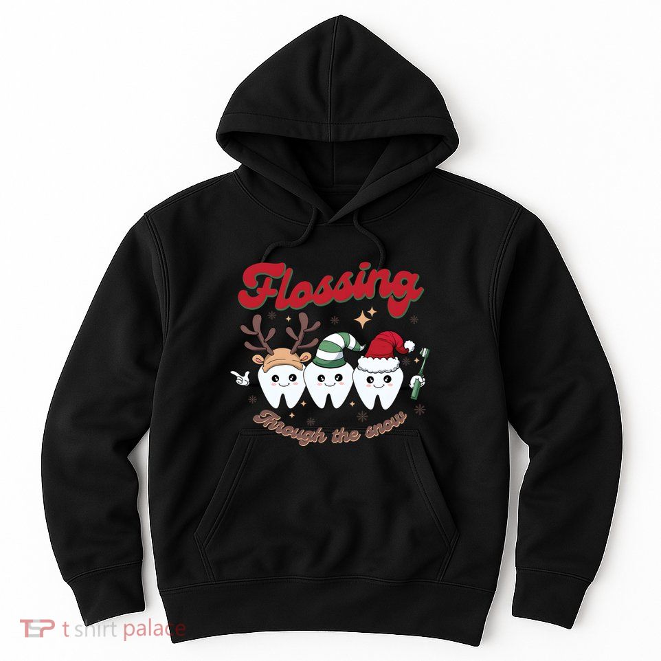 Christmas Dentist Flossing Through The Snow Dental Santa Claus Reindeer Hoodie