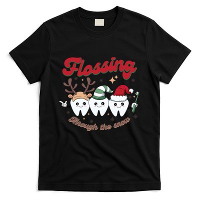 Christmas Dentist Flossing Through The Snow Dental Santa Claus Reindeer T-Shirt