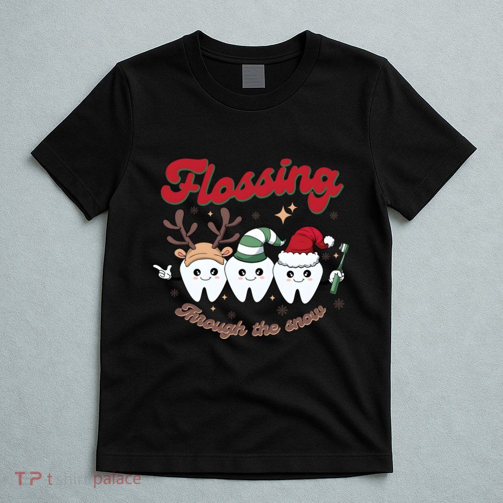 Christmas Dentist Flossing Through The Snow Dental Santa Claus Reindeer T-Shirt