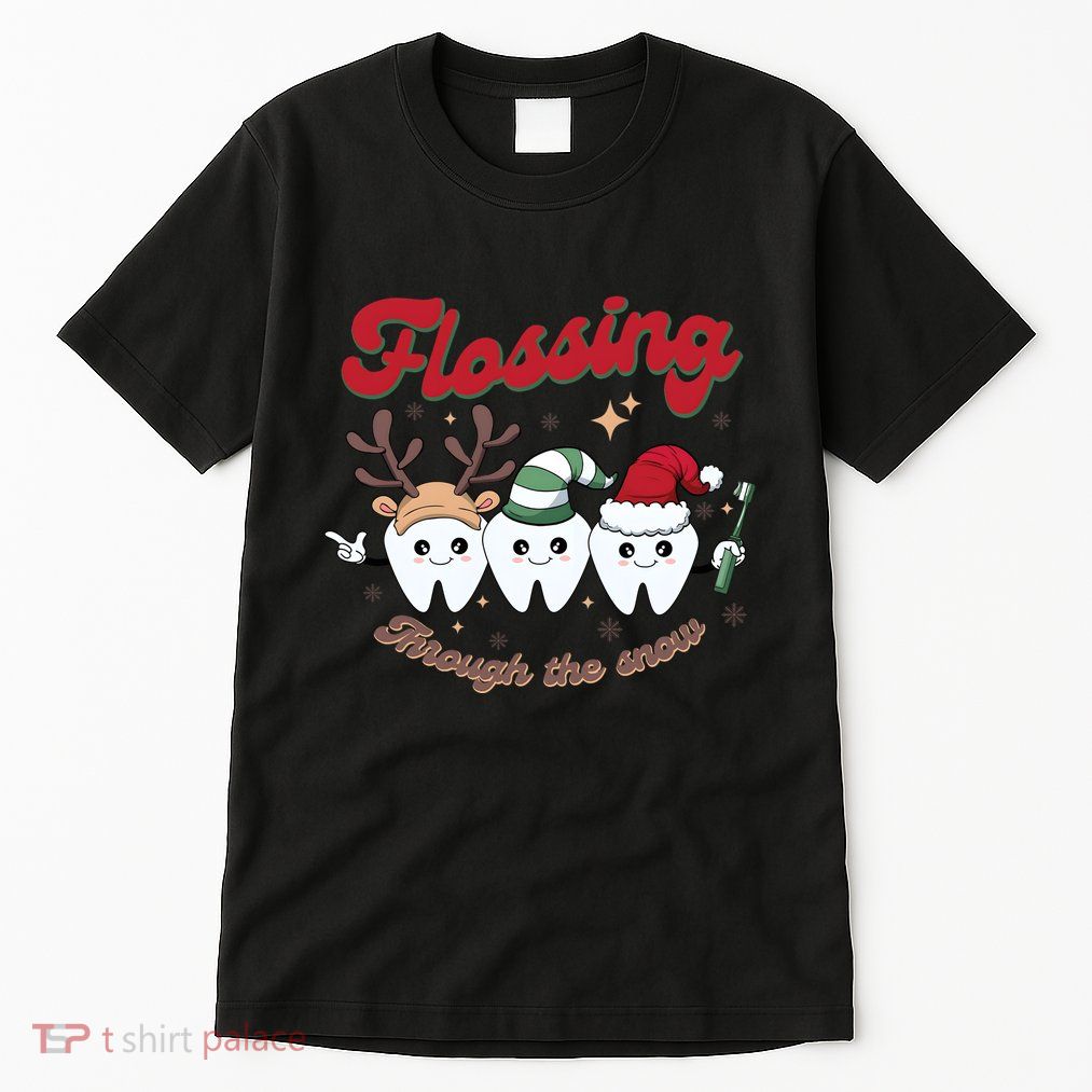 Christmas Dentist Flossing Through The Snow Dental Santa Claus Reindeer Tall T-Shirt