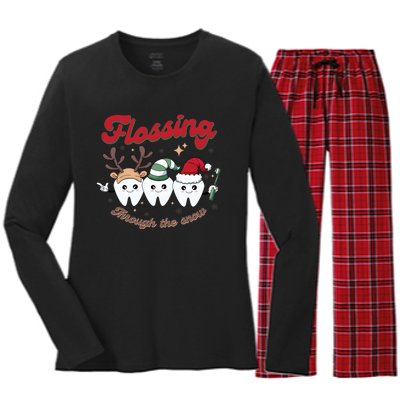 Christmas Dentist Flossing Through The Snow Dental Santa Claus Reindeer Women's Long Sleeve Flannel Pajama Set 