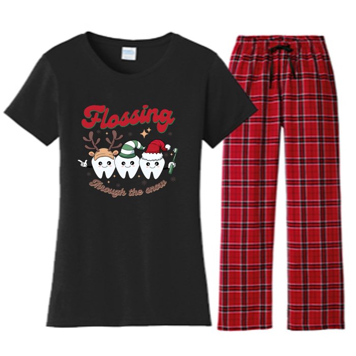 Christmas Dentist Flossing Through The Snow Dental Santa Claus Reindeer Women's Flannel Pajama Set