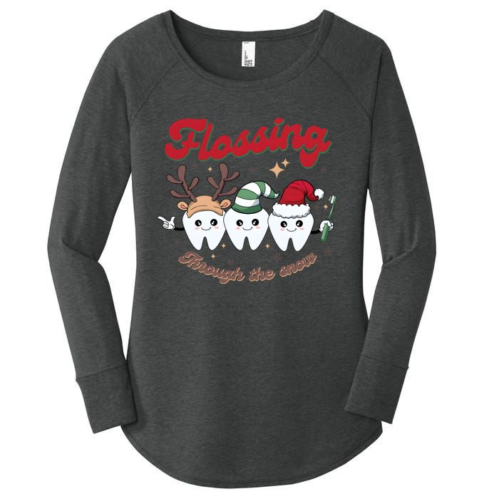 Christmas Dentist Flossing Through The Snow Dental Santa Claus Reindeer Women's Perfect Tri Tunic Long Sleeve Shirt