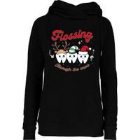 Christmas Dentist Flossing Through The Snow Dental Santa Claus Reindeer Womens Funnel Neck Pullover Hood