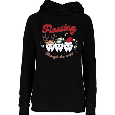 Christmas Dentist Flossing Through The Snow Dental Santa Claus Reindeer Womens Funnel Neck Pullover Hood