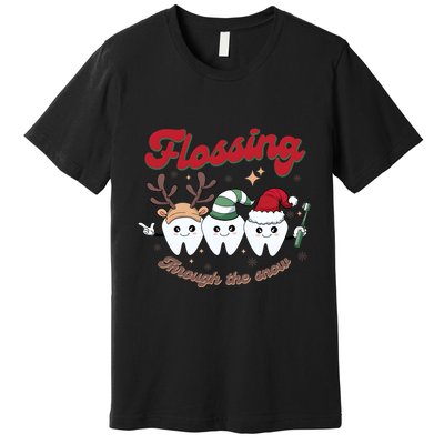 Christmas Dentist Flossing Through The Snow Dental Santa Claus Reindeer Premium T-Shirt