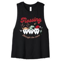 Christmas Dentist Flossing Through The Snow Dental Santa Claus Reindeer Women's Racerback Cropped Tank