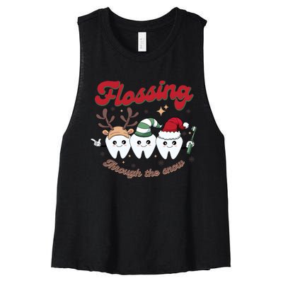 Christmas Dentist Flossing Through The Snow Dental Santa Claus Reindeer Women's Racerback Cropped Tank