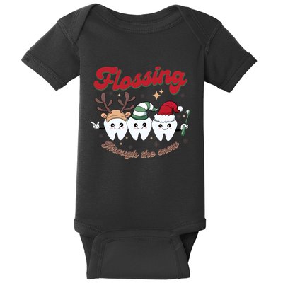Christmas Dentist Flossing Through The Snow Dental Santa Claus Reindeer Baby Bodysuit