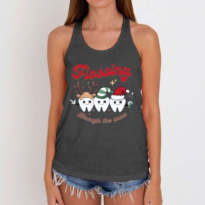 Christmas Dentist Flossing Through The Snow Dental Santa Claus Reindeer Women's Knotted Racerback Tank