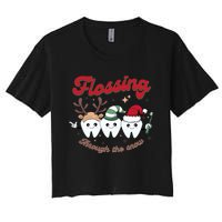 Christmas Dentist Flossing Through The Snow Dental Santa Claus Reindeer Women's Crop Top Tee