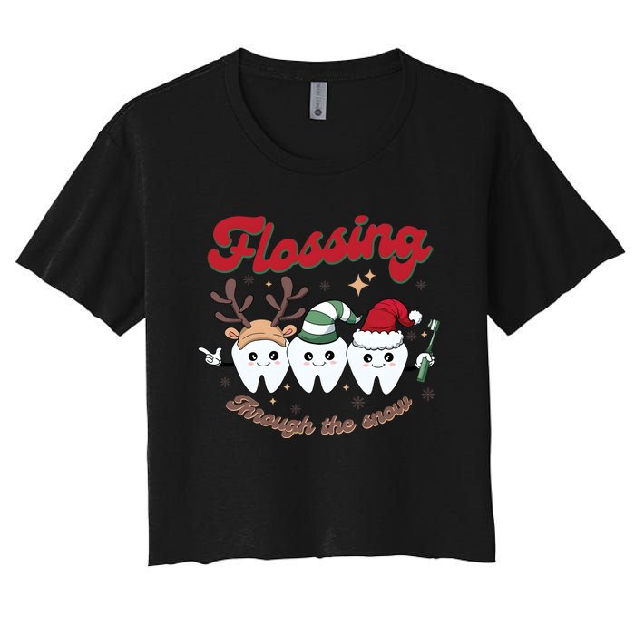 Christmas Dentist Flossing Through The Snow Dental Santa Claus Reindeer Women's Crop Top Tee