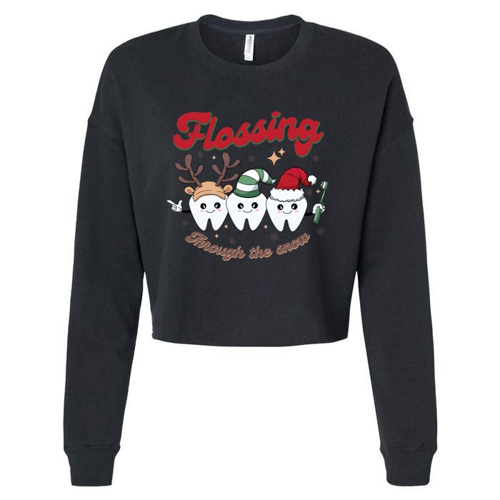 Christmas Dentist Flossing Through The Snow Dental Santa Claus Reindeer Cropped Pullover Crew