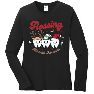 Christmas Dentist Flossing Through The Snow Dental Santa Claus Reindeer Ladies Long Sleeve Shirt