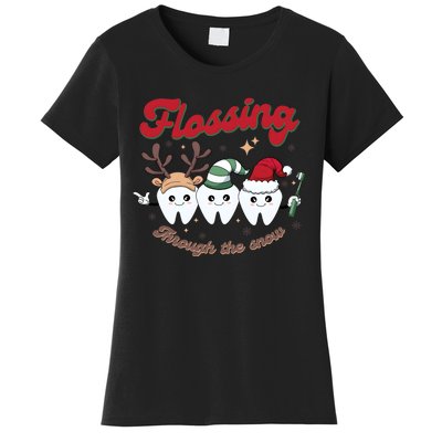 Christmas Dentist Flossing Through The Snow Dental Santa Claus Reindeer Women's T-Shirt