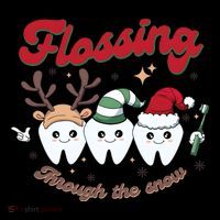 Christmas Dentist Flossing Through The Snow Dental Santa Claus Reindeer Womens T-Shirt