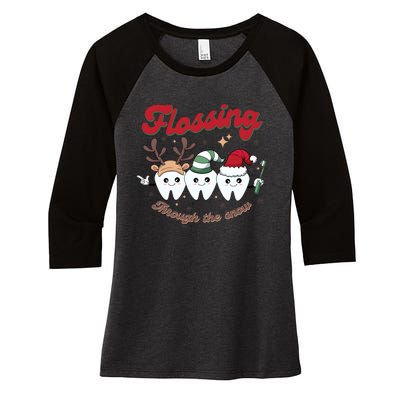 Christmas Dentist Flossing Through The Snow Dental Santa Claus Reindeer Women's Tri-Blend 3/4-Sleeve Raglan Shirt