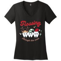 Christmas Dentist Flossing Through The Snow Dental Santa Claus Reindeer Women's V-Neck T-Shirt