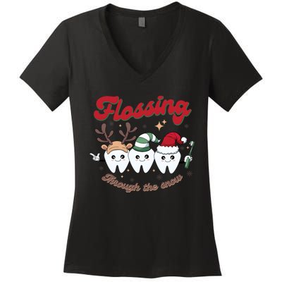 Christmas Dentist Flossing Through The Snow Dental Santa Claus Reindeer Women's V-Neck T-Shirt