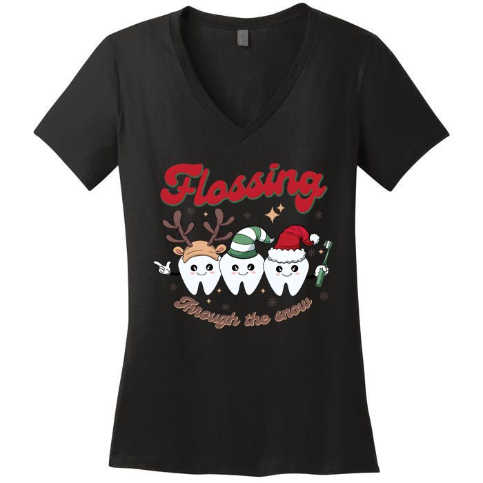 Christmas Dentist Flossing Through The Snow Dental Santa Claus Reindeer Women's V-Neck T-Shirt