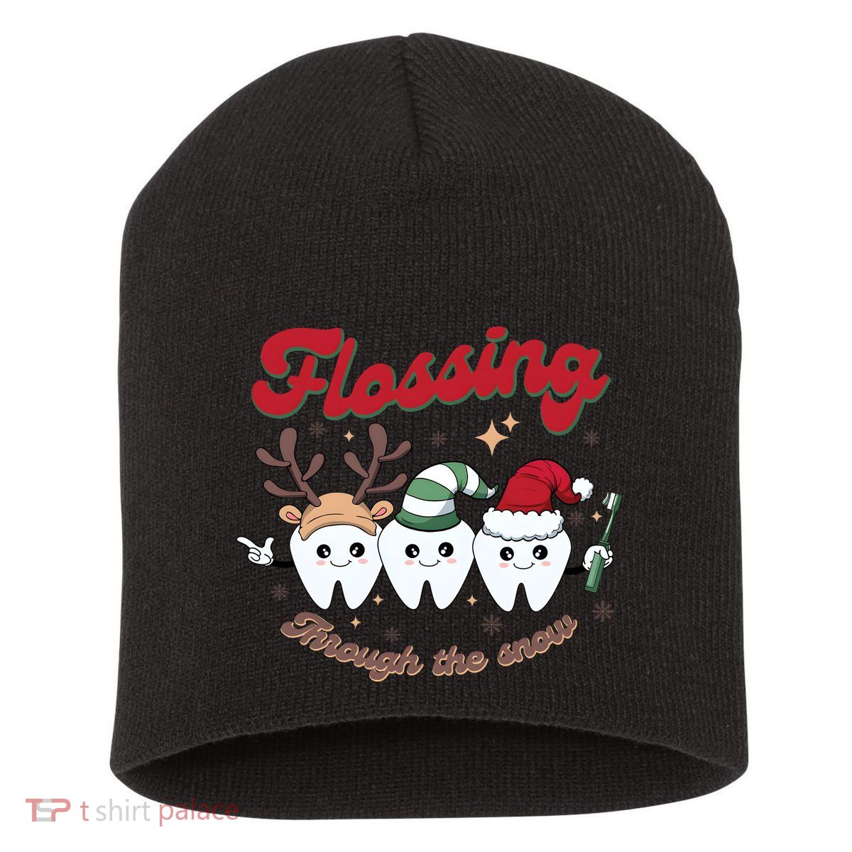 Christmas Dentist Flossing Through The Snow Dental Santa Claus Reindeer Short Acrylic Beanie